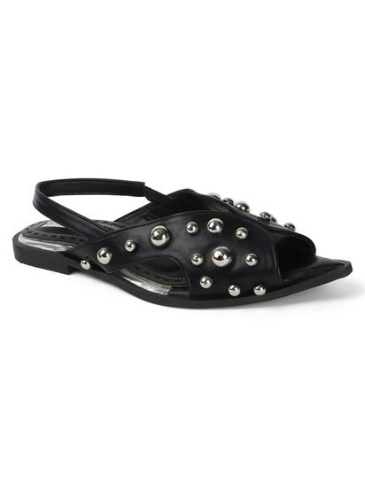 Black Slingback Peep-Toe Flats With Dome Studs Embellishments