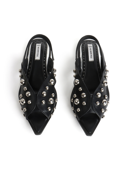 Black Slingback Peep-Toe Flats With Dome Studs Embellishments