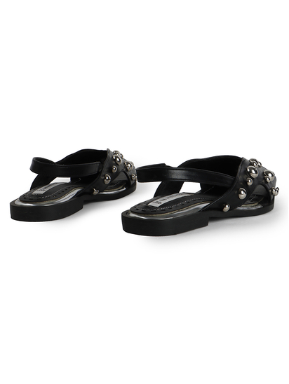 Black Slingback Peep-Toe Flats With Dome Studs Embellishments