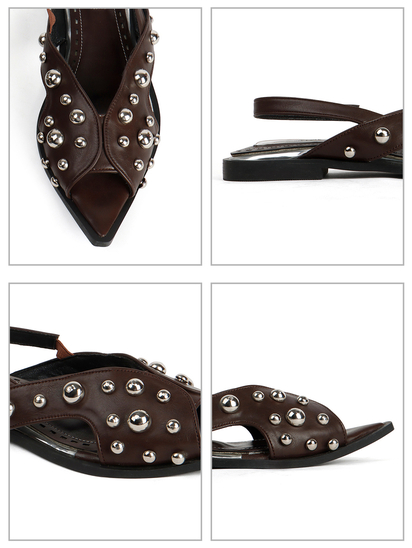 Brown Slingback Peep-Toe Flats With Dome Studs Embellishments