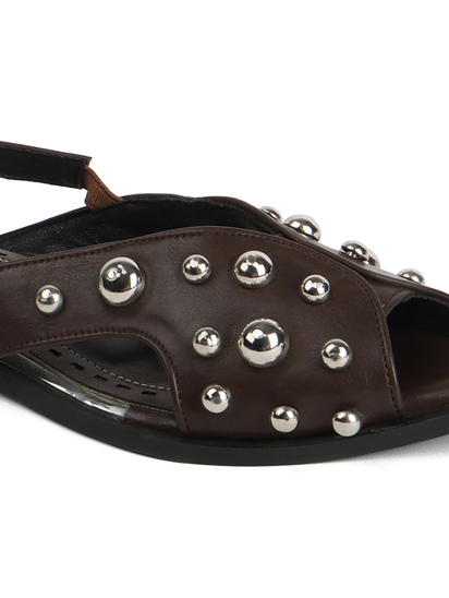 Brown Slingback Peep-Toe Flats With Dome Studs Embellishments