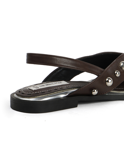 Brown Slingback Peep-Toe Flats With Dome Studs Embellishments