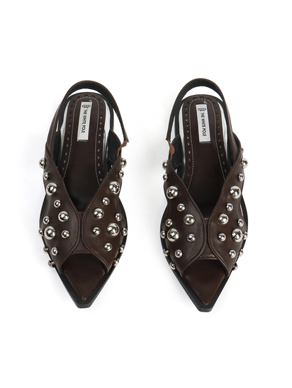 Brown Slingback Peep-Toe Flats With Dome Studs Embellishments