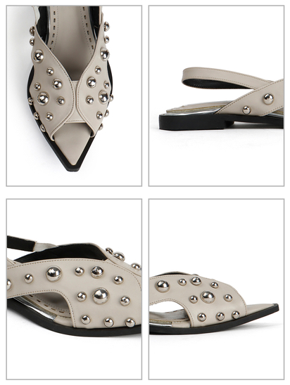 Grey Slingback Peep-Toe Flats With Dome Studs Embellishments