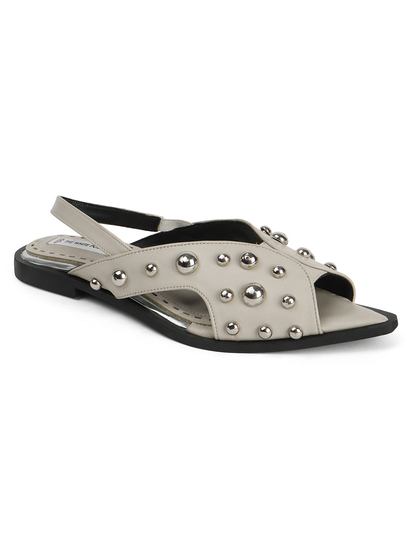 Grey Slingback Peep-Toe Flats With Dome Studs Embellishments