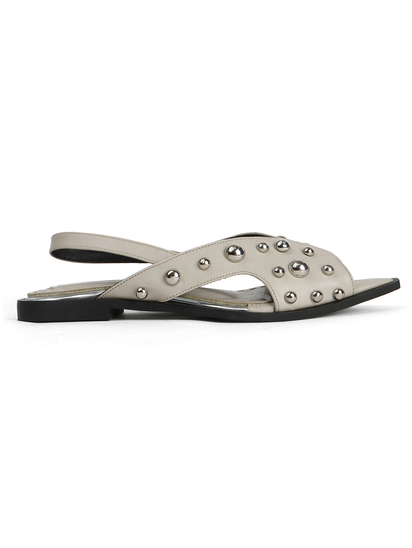 Grey Slingback Peep-Toe Flats With Dome Studs Embellishments