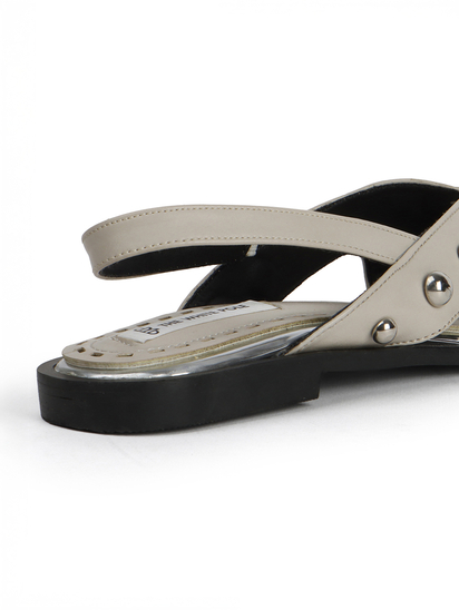 Grey Slingback Peep-Toe Flats With Dome Studs Embellishments