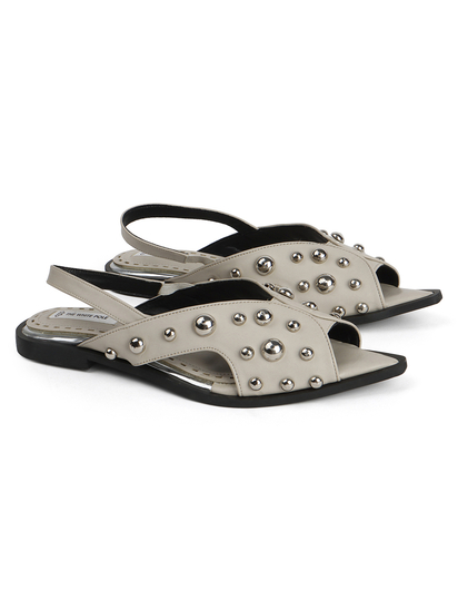 Grey Slingback Peep-Toe Flats With Dome Studs Embellishments