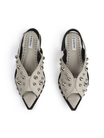 Grey Slingback Peep-Toe Flats With Dome Studs Embellishments