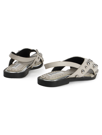 Grey Slingback Peep-Toe Flats With Dome Studs Embellishments