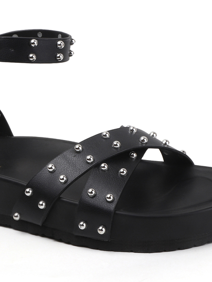 Black Open-Toe Flats With Silver Studs and Criss-Cross Ankle Strap Design