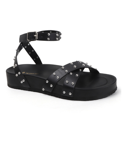 Black Open-Toe Flats With Silver Studs and Criss-Cross Ankle Strap Design
