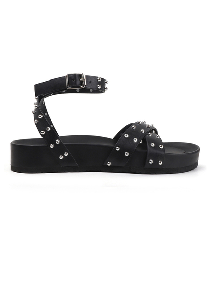 Black Open-Toe Flats With Silver Studs and Criss-Cross Ankle Strap Design