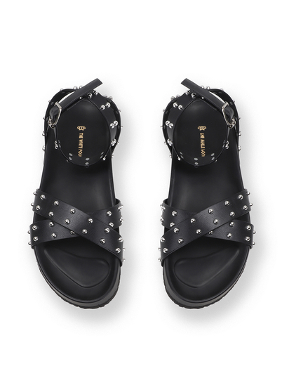 Black Open-Toe Flats With Silver Studs and Criss-Cross Ankle Strap Design