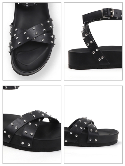 Black Open-Toe Flats With Silver Studs and Criss-Cross Ankle Strap Design