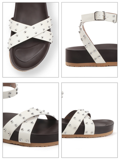 White Open-Toe Flats With Silver Studs and Criss-Cross Ankle Strap Design