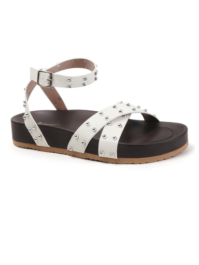 White Open-Toe Flats With Silver Studs and Criss-Cross Ankle Strap Design