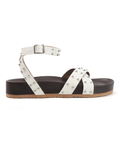 White Open-Toe Flats With Silver Studs and Criss-Cross Ankle Strap Design