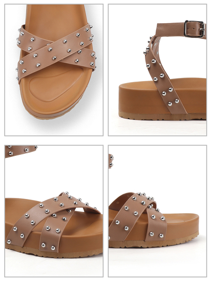 Nude Open-Toe Flats With Silver Studs and Criss-Cross Ankle Strap Design