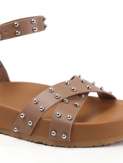 Nude Open-Toe Flats With Silver Studs and Criss-Cross Ankle Strap Design