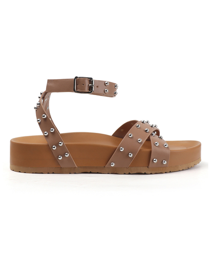 Nude Open-Toe Flats With Silver Studs and Criss-Cross Ankle Strap Design