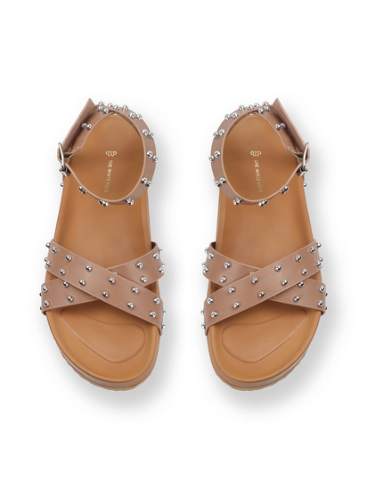 Nude Open-Toe Flats With Silver Studs and Criss-Cross Ankle Strap Design