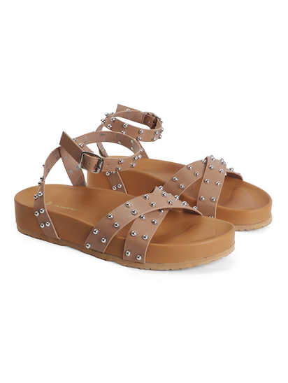 Nude Open-Toe Flats With Silver Studs and Criss-Cross Ankle Strap Design