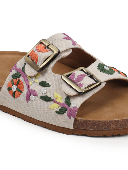 Twin Bloom Slip-Ons with Colorful Floral Embroidery in Beige