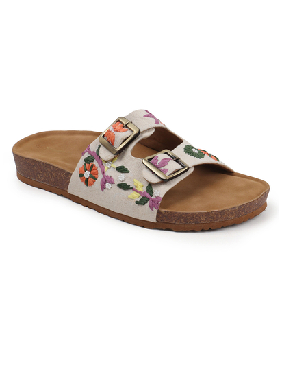 Twin Bloom Slip-Ons with Colorful Floral Embroidery in Beige