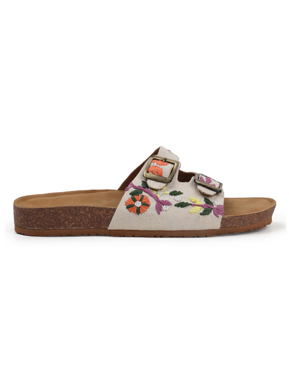 Twin Bloom Slip-Ons with Colorful Floral Embroidery in Beige