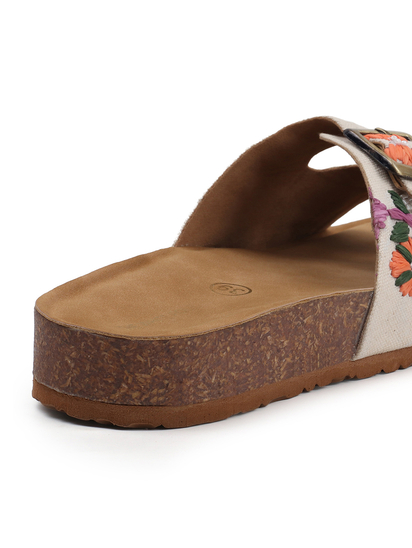 Twin Bloom Slip-Ons with Colorful Floral Embroidery in Beige