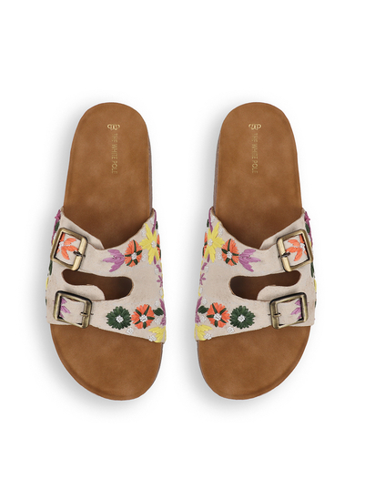 Twin Bloom Slip-Ons with Colorful Floral Embroidery in Beige