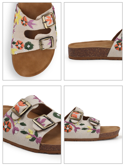 Twin Bloom Slip-Ons with Colorful Floral Embroidery in Beige