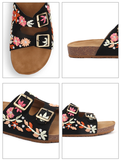 Twin Bloom Slip-Ons with Colorful Floral Embroidery in Black