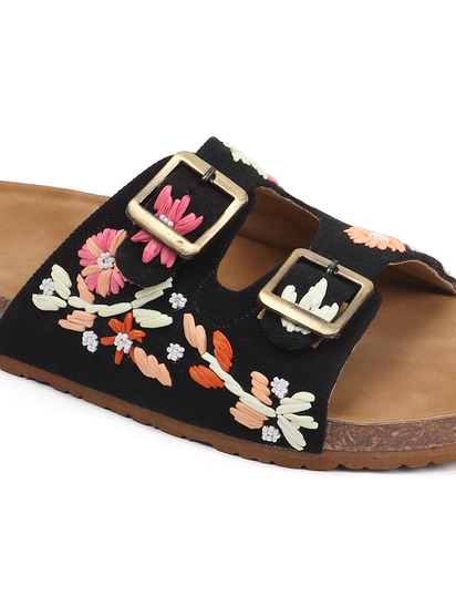 Twin Bloom Slip-Ons with Colorful Floral Embroidery in Black