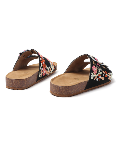 Twin Bloom Slip-Ons with Colorful Floral Embroidery in Black