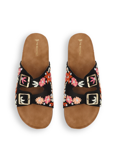 Twin Bloom Slip-Ons with Colorful Floral Embroidery in Black