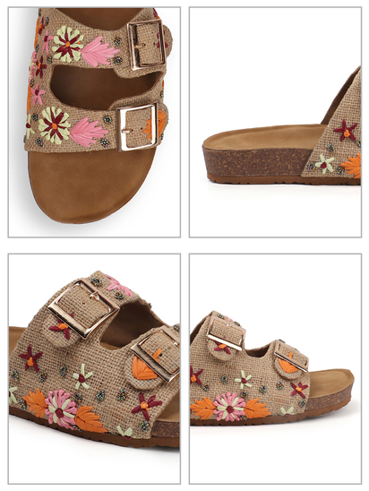 Earth Bloom Floral Jute Buckle Flats in Beige