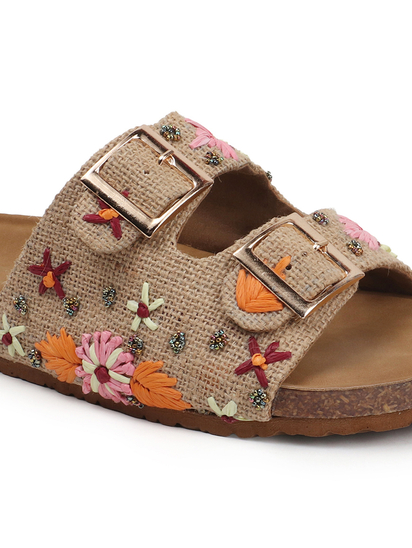 Earth Bloom Floral Jute Buckle Flats in Beige