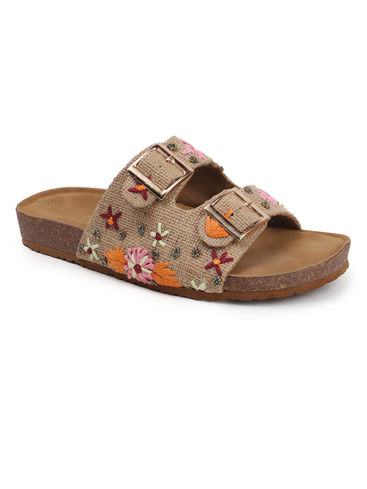 Earth Bloom Floral Jute Buckle Flats in Beige