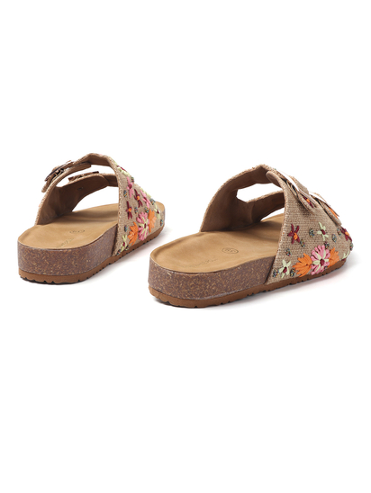 Earth Bloom Floral Jute Buckle Flats in Beige