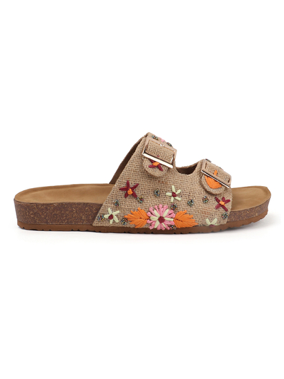 Earth Bloom Floral Jute Buckle Flats in Beige