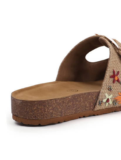 Earth Bloom Floral Jute Buckle Flats in Beige