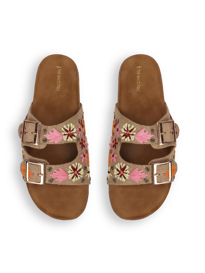 Earth Bloom Floral Jute Buckle Flats in Beige