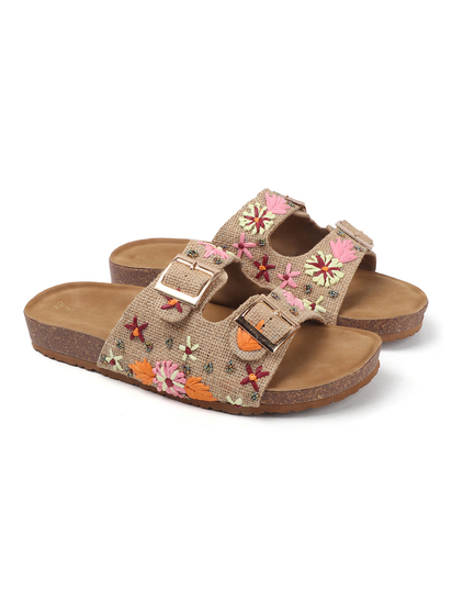 Earth Bloom Floral Jute Buckle Flats in Beige