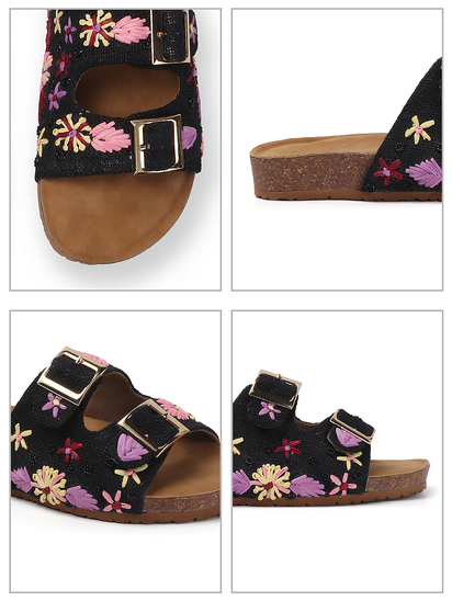 Earth Bloom Floral Jute Buckle Flats in Black