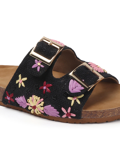 Earth Bloom Floral Jute Buckle Flats in Black