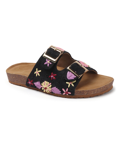 Earth Bloom Floral Jute Buckle Flats in Black