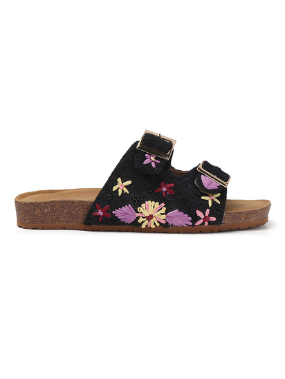 Earth Bloom Floral Jute Buckle Flats in Black