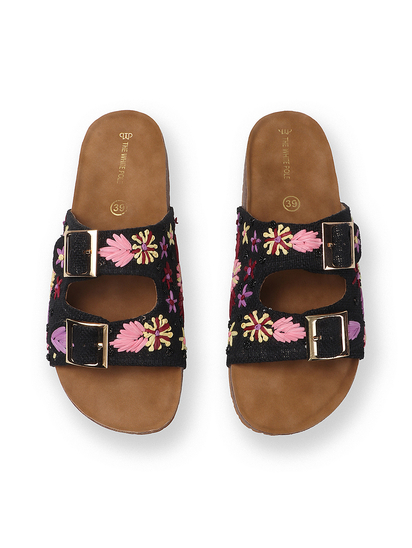 Earth Bloom Floral Jute Buckle Flats in Black